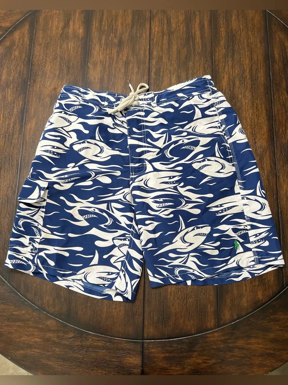 Polo Ralph Lauren Mens Blue White Cargo Swim Trunks Size Medium 8” Inseam
